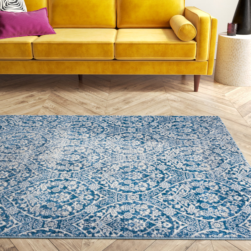 Cannes Damask Navy/Light Gray Area Rug, Rectangle 5'3" x 7'6"