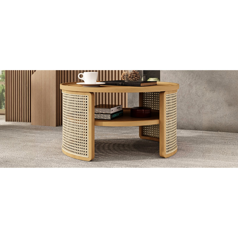 Table basse ronde en bois naturel avec rangement à 2 niveaux - attrait rustique, intérieur spacieux, matériaux, plateau de protection et base courbés de conception chic, vaste surface, construction, mesure de prévention des courbes