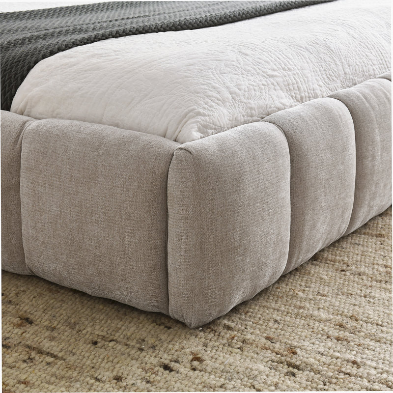 Structure de lit grand rembourré avec tissu épais et tête de lit, Beige