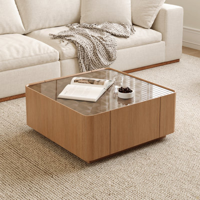 Table basse carrée en bois moderne avec plateau en verre, tiroirs de rangement et finition noyer pour le salon et le bureau | Idée de cadeau