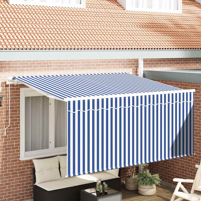 VidaXL 200cm D Retractable Patio Awning, Blue/White/White, 165cm H x 300cm W x 200cm D