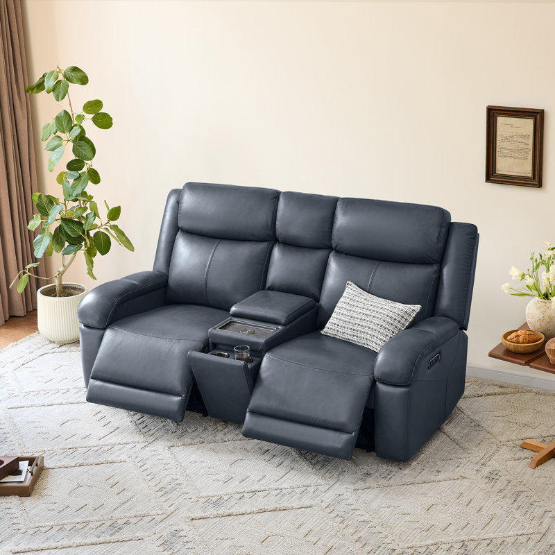 Zachery Genuine Leather Power Reclining Sofa With Multifunctional Console, 2, Navy