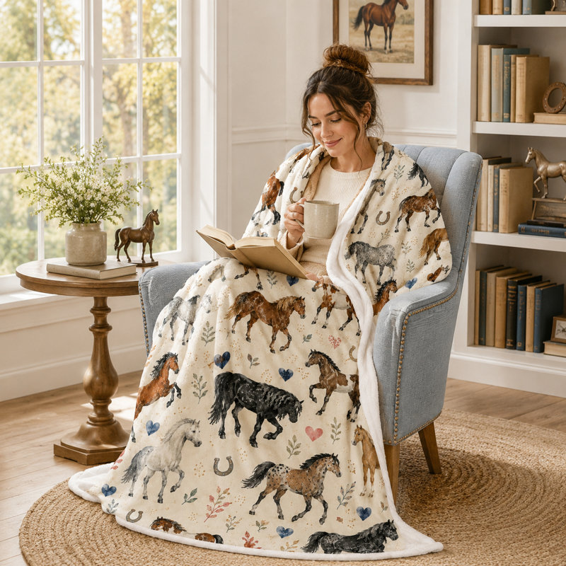 Couverture en flanelle à motif aquarelle avec motif équestre rustique, jeté de cheval de ferme avec cœurs et détails botaniques pour canapé, lit et maison