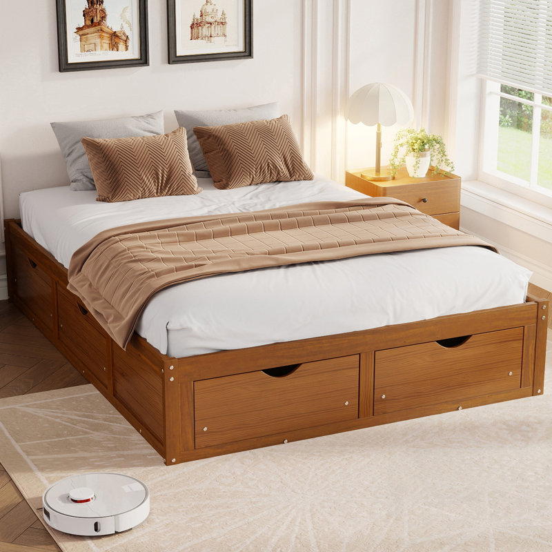 Lit plateforme avec 6 tiroirs de rangement, lit de rangement en bois de pin, Queen, Walnut