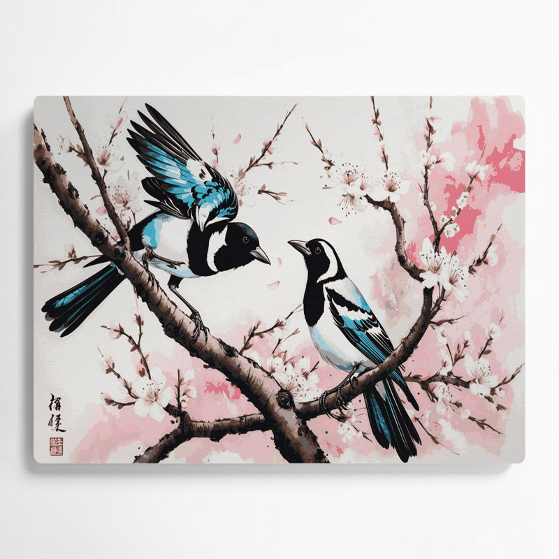Oiseaux, art mural oriental gris, pie, H 11 po x l 14 po