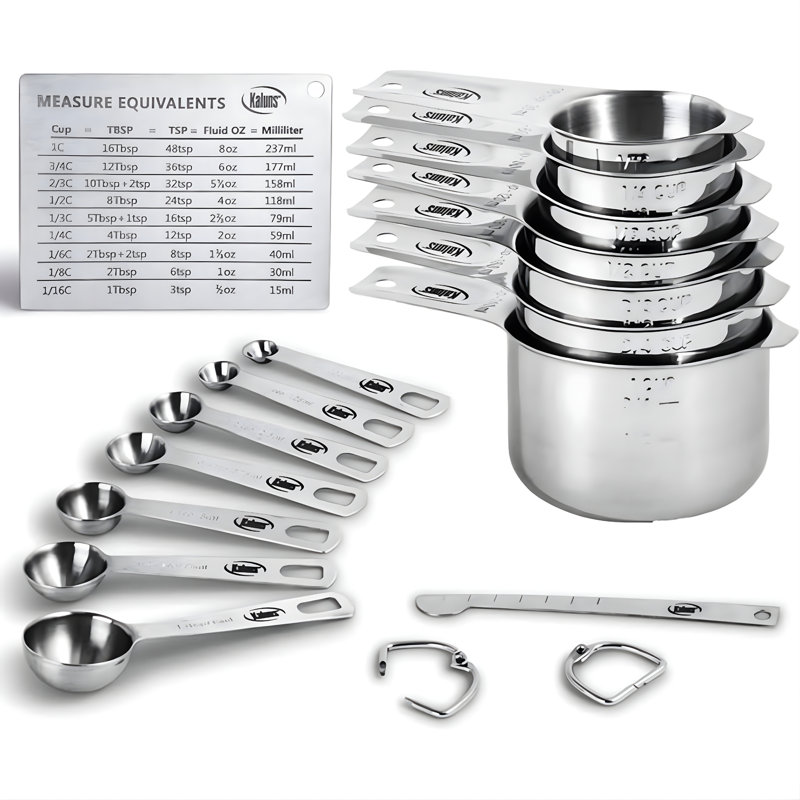 KALUNS 16-Piece Stainless Steel Measuring Cups and Spoons Set, Silver – Nesting Design with Engraved Measurements for Baking & Cooking