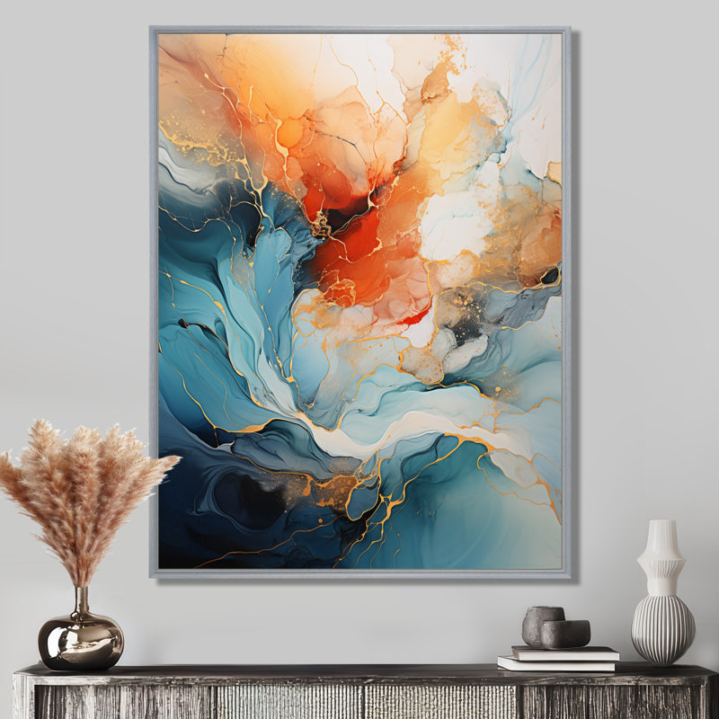 Teal Orange Bold Abstract Flow Collage II - Dams, impressions encadrées, H 44 po x l 34 po, Reproduction avec cadre flottant