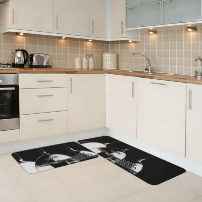 Sparkling Wine Glass Print Kitchen Mats for Kitchen & Bar Area, Black White Home Decor 2 Pcs