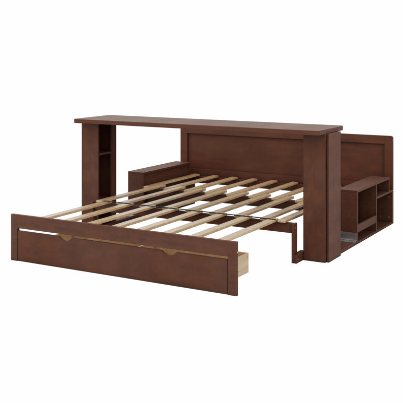 Lit de jour avec bureau amovible, tiroirs de rangement et table d'appoint hydraulique, Espresso, Grand lit