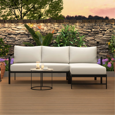 Canapé d'extérieur en forme de L avec structure en fer, ensemble de canapé de patio résistant aux intempéries avec coussins ultra-épais, siège confortable pour 3 personnes, idéal pour le patio, le balcon et le jardin