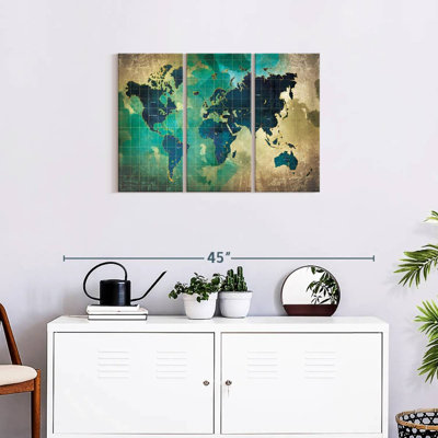 «World Map Aged World Map XXXVII», reproduction sur toile 3 pièces par Tess P