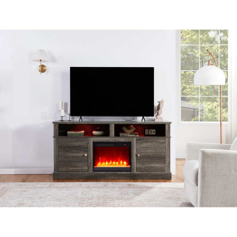 Meuble télé avec foyer et chauffage Iris, Blanc