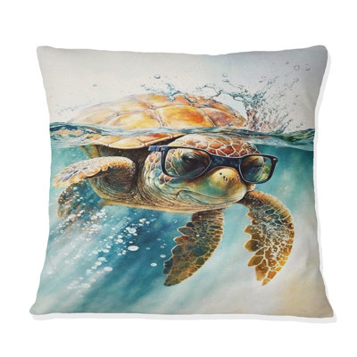 Tortue avec des lunettes dans l'océan III - oreiller imprimé tortue