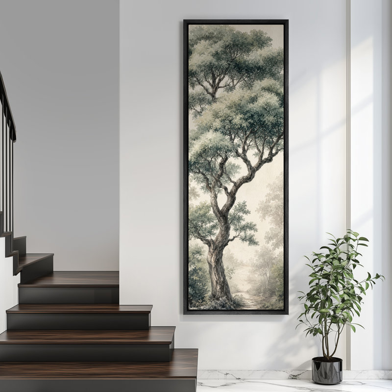 «Elegant Lone Tree Forest Landscape Soft Green Botanical Nature Decor Extra Large», reproduction d'art sur toile encadrée