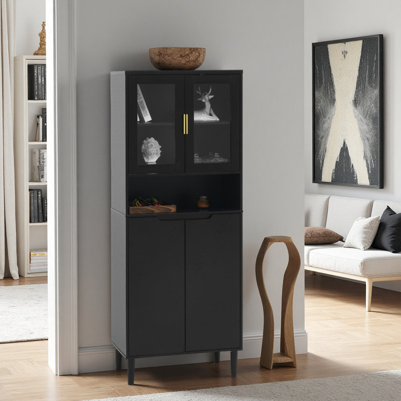 Grande armoire de rangement en verre trempé avec panneau réglable et 4 portes, Noir