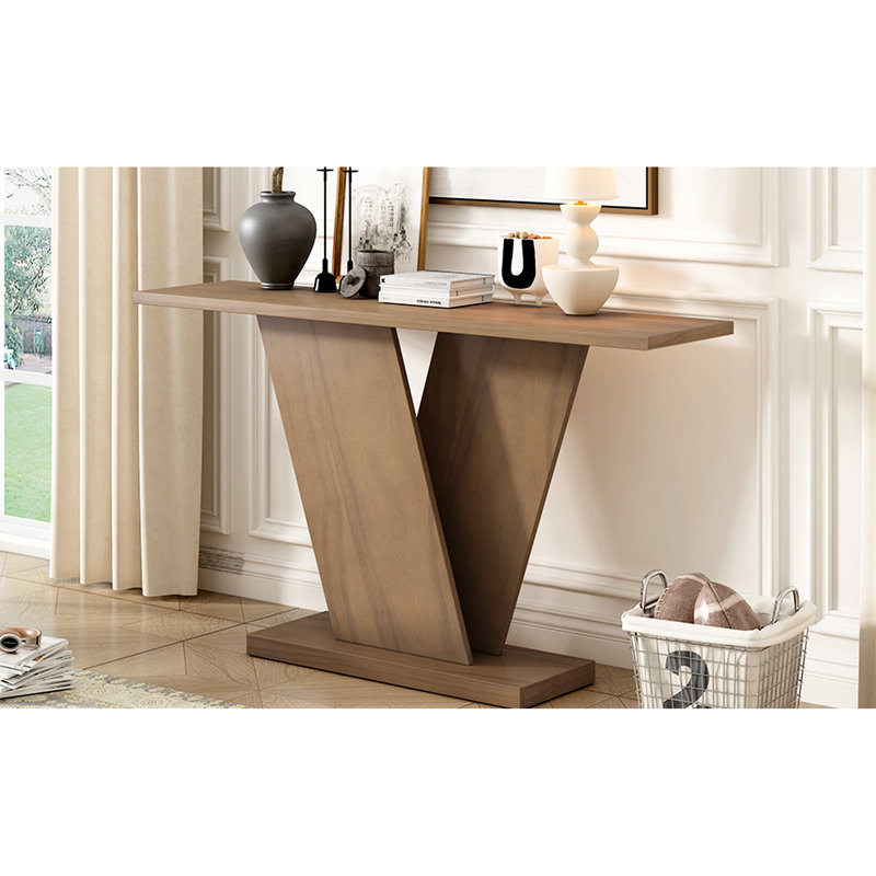 Console en placage de bois naturel - Conception minimaliste élégante, base en V robuste, espace de présentation spacieux, assemblage rapide, 51,36 lb, brun, 59,8 po de profondeur, 14,2 W, 33,8 H de style, stable et facile 220 lb maximum