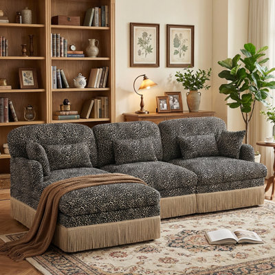 Leopard Print Chenille Modular Sofa with Tassel Trim/Pillows/Ottoman Retro Upholstered 3 Seater Couch For Small Space,Khaki