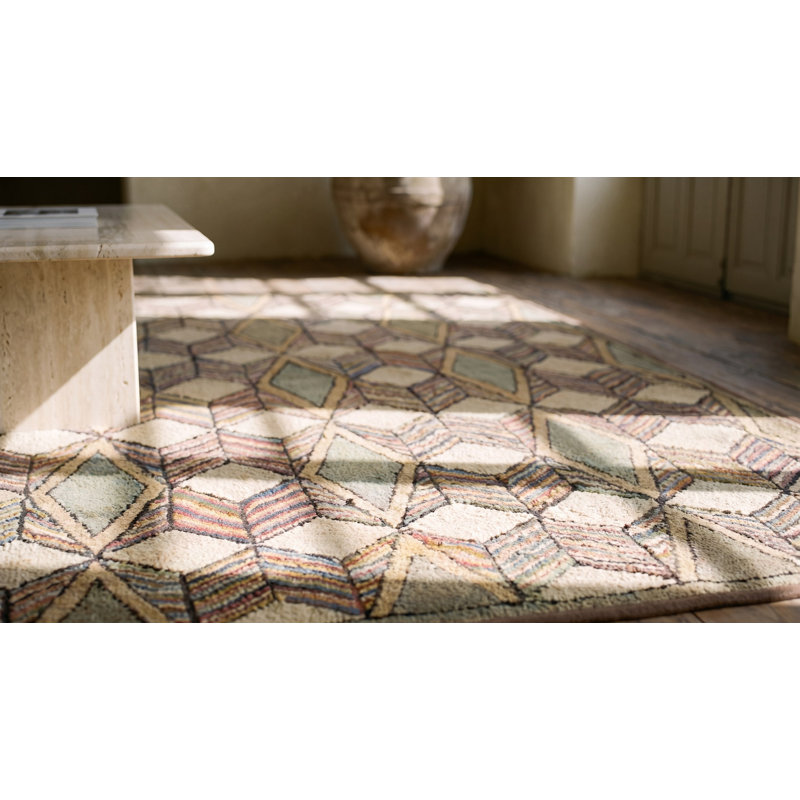 Artistic Antique Geometric Cube Folk Art Pattern American Hooked Rug