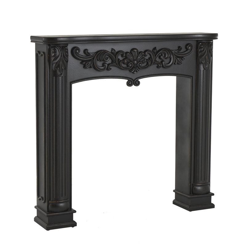 Black Wooden Scroll Freestanding Decorative Fireplace Mantle with Floral Accents, 45" x 9" x 43"