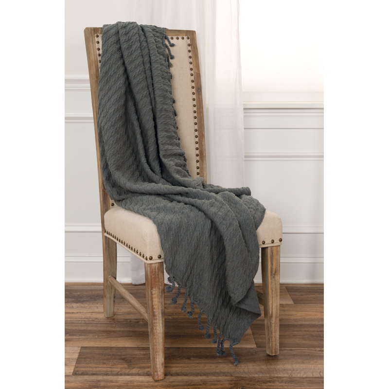 Gray Cotton Cable Knit Reversible Throw Blanket with Fringe