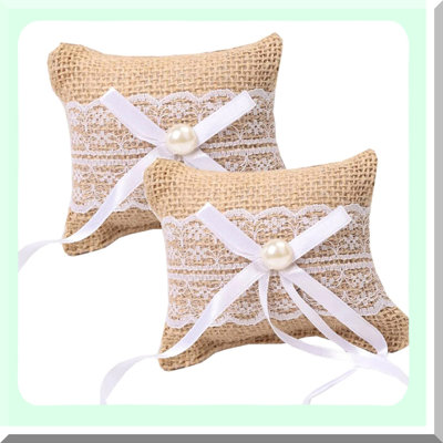 Rustic Burlap Lace Wedding Ring Pillows (2 Pack)