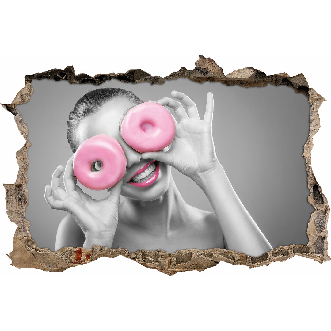 Wandtattoo Lustige Frau mit rosa Donut-Augen