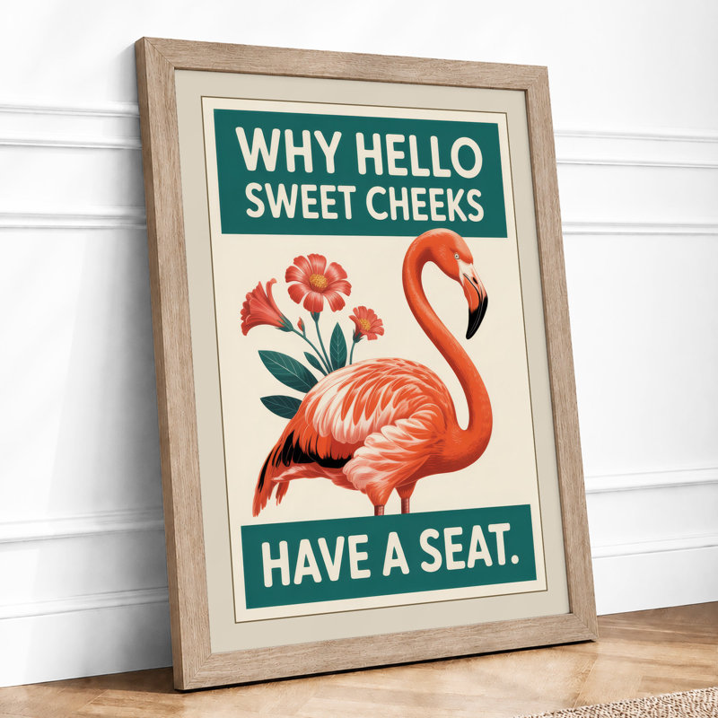 Flamingo Welcome Retro - Framed Print, A2 - 59.4 x 42.0 cm, Oak