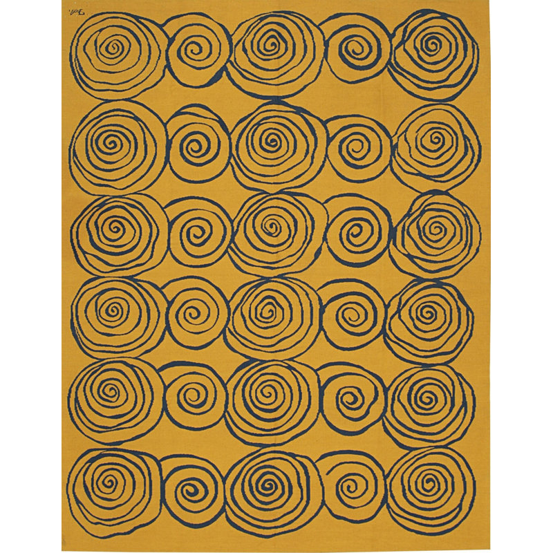 Yellow Handwoven Wool Golden Swirls Geometric Modern Contemporary Carpet Rug, 9' x 12'