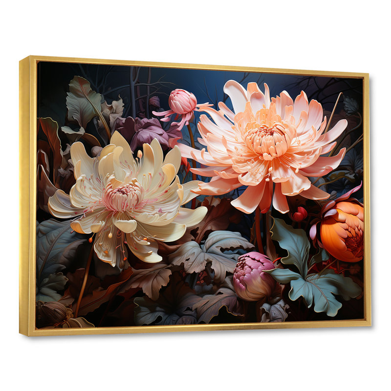 Reproduction sur toile de plantes botaniques roses et beiges, Cadre flottant doré, H 24 po x l 32 po x P 1 po