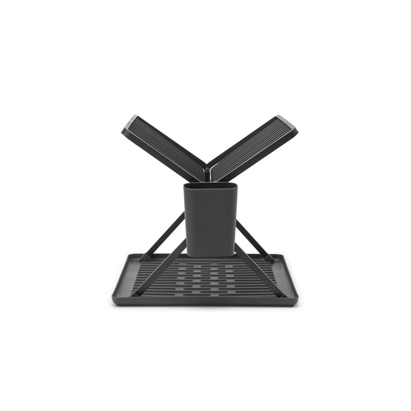 Compact Foldable Dark Gray Metal Dish Drying Rack with Utensil Cup