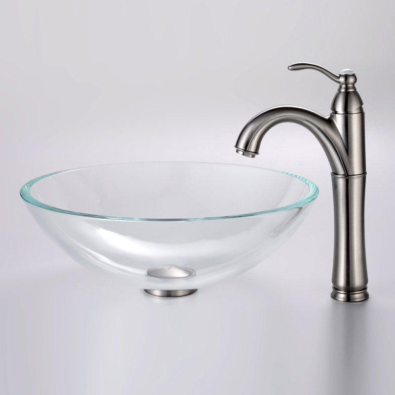 Kraus Glass Vessel Sink in Crystal Clear with Pop-Up Drain, Satin Nickel