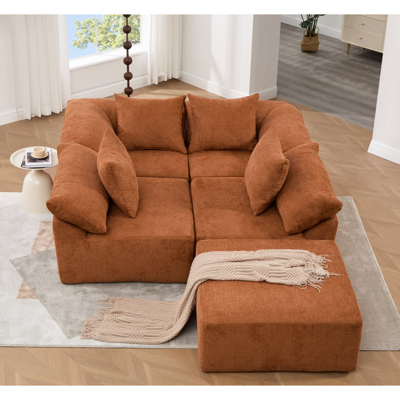 Canapé modulaire en forme de L de 142 po, orange, canapé 5 pièces, tissu chenille et orange confortable, revêtement, coussins moelleux pour une ambiance douillette