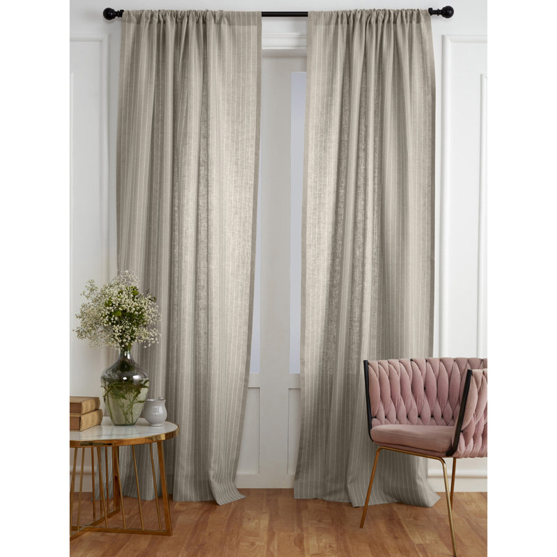 Pinstripe - 100% Pure Linen Curtain, Natural and White, 52" W x 108" L