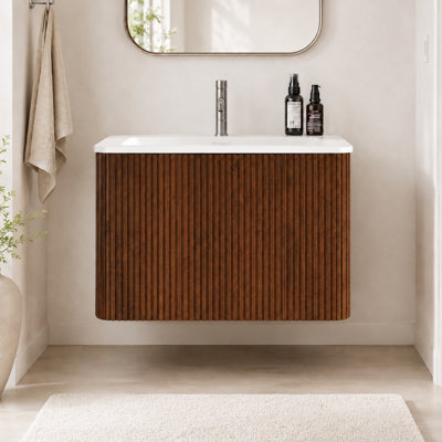 24" Floating Bathroom Vanity with White Solid Surface Sink, Striped Walnut Wall Mounted Bathroom Cabinet, Pre-Assembled Modern Vanity