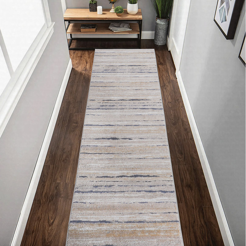 Runner Rug Synthetic Fiber Stain Resistant Non-Shedding Striped Ivory Blue Medium Pile 2' x 8'