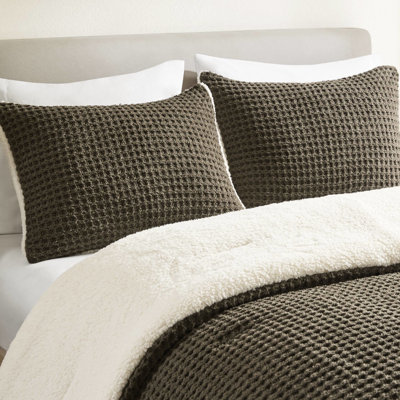 Twin Waffle Knit Chenille Comforter With 2 Matching Shams, 100% Fill, Machine Washable, Reverse, Brown Fabric, ,