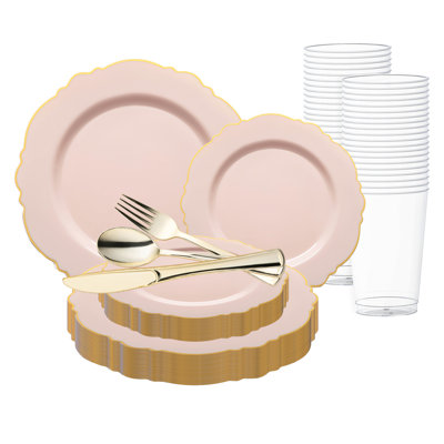 Ensemble de 30 pièces en plastique jetable rose à bordure dorée, motif floral rond - Valeur pour mariage