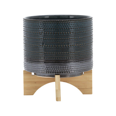 Pot à fleurs en céramique de 8 po avec support en bois - un excellent ajout à votre piscine et votre balcon idéal pour les plantes d'intérieur