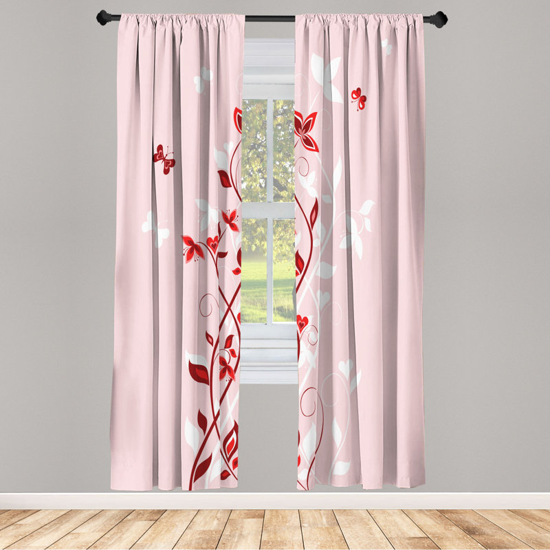 Microfiber Floral Semi-Sheer Rod Pocket Curtain Panels, 28" W x 84" L, White/Red/Light Pink