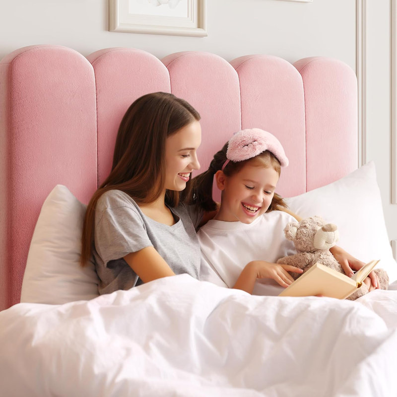 Twin Upholstered Platform Bed with Wave Headboard and Storage Drawer, Velvet Pink Bed Frame with Wooden Slats, No Box Spring Needed, Set of 2