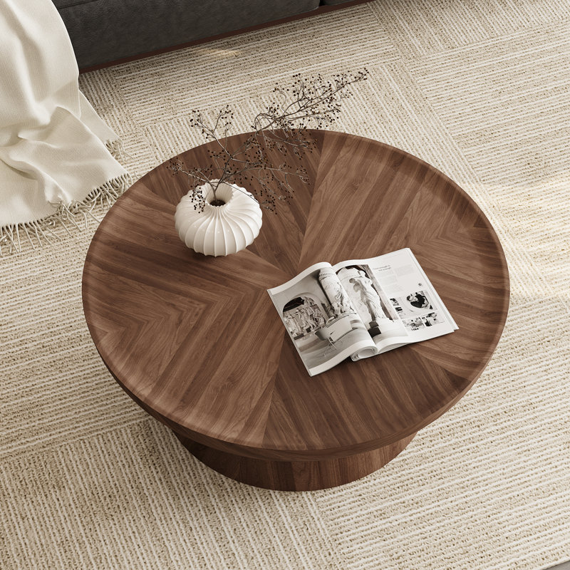 35.43'' Rustic Walnut Round Coffee Table With Thick Conical Base, No Assembly Needed, Walnut