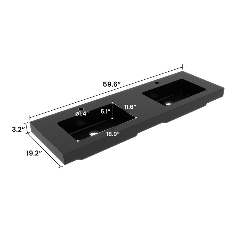 BB02-60-109, deux lavabos intégrés en quartz d'ingénierie SANS drain et robinet, couleur noir mat
