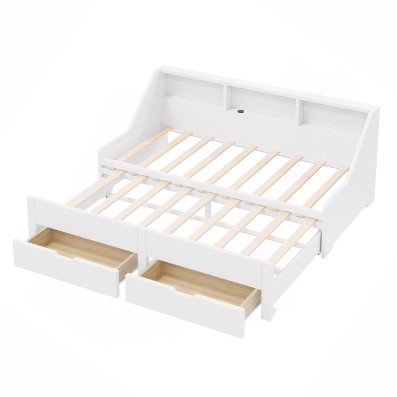 Structure de lit de jour avec bibliothèques de rangement et deux tiroirs, conception de chargement, White
