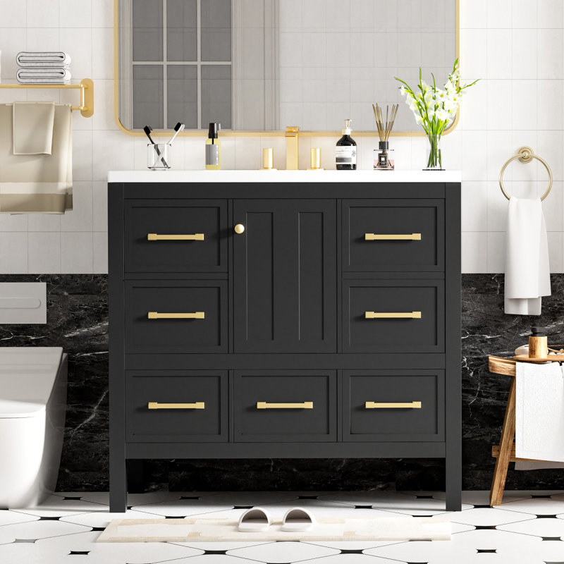 Ensemble de meuble-lavabo / de meuble-lavabo avec 5 tiroirs et porte, Noir