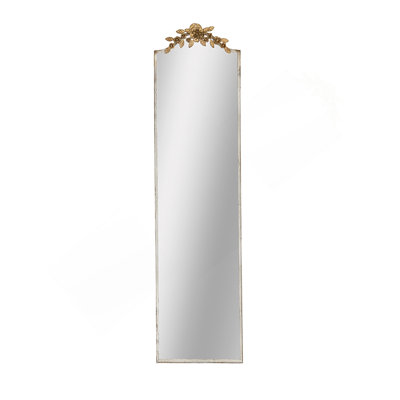 18.1x1.6x70.9" Large Rectangular Full-Length Mirror with Distressed Ivory Frame and Gold Floral Crown