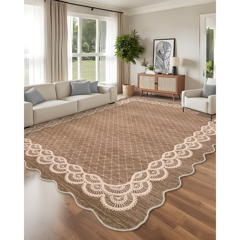 Machine Washable Scalloped Area Rugs Modern Bordered Floor Mats, Non-Slip Contemporary Accent Rug, Non Shedding Soft Low Pile Indoor Carpet for Living Room, Bedroom, Kitchen