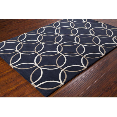 Cloral Authentic Hand-Tufted Handmade Dark Blue, Beige & White Modern Geometric Circles Wool Area Rug