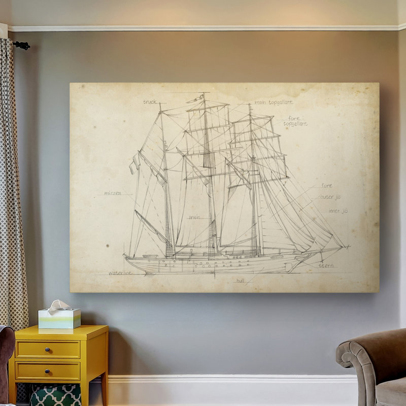 " Sailboat Blueprint I ", 12" H x 8" W x 1" D, Wrapped Canvas
