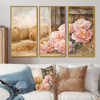 Ferme de pivoines dans le Hayloft III - art mural pivoines - ensemble de 3