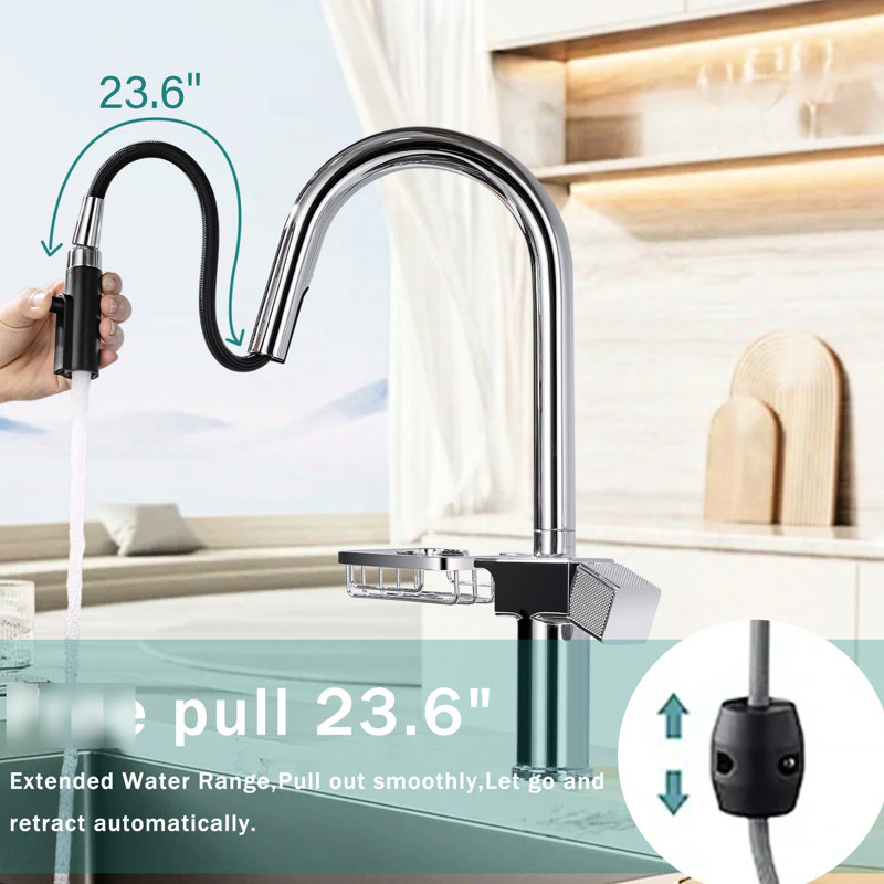Robinet de cuisine en acier inoxydable à un trou à finition arquée à un trou avec fonction double, pivotant sur 360 ° et rangement pour couverts en acier